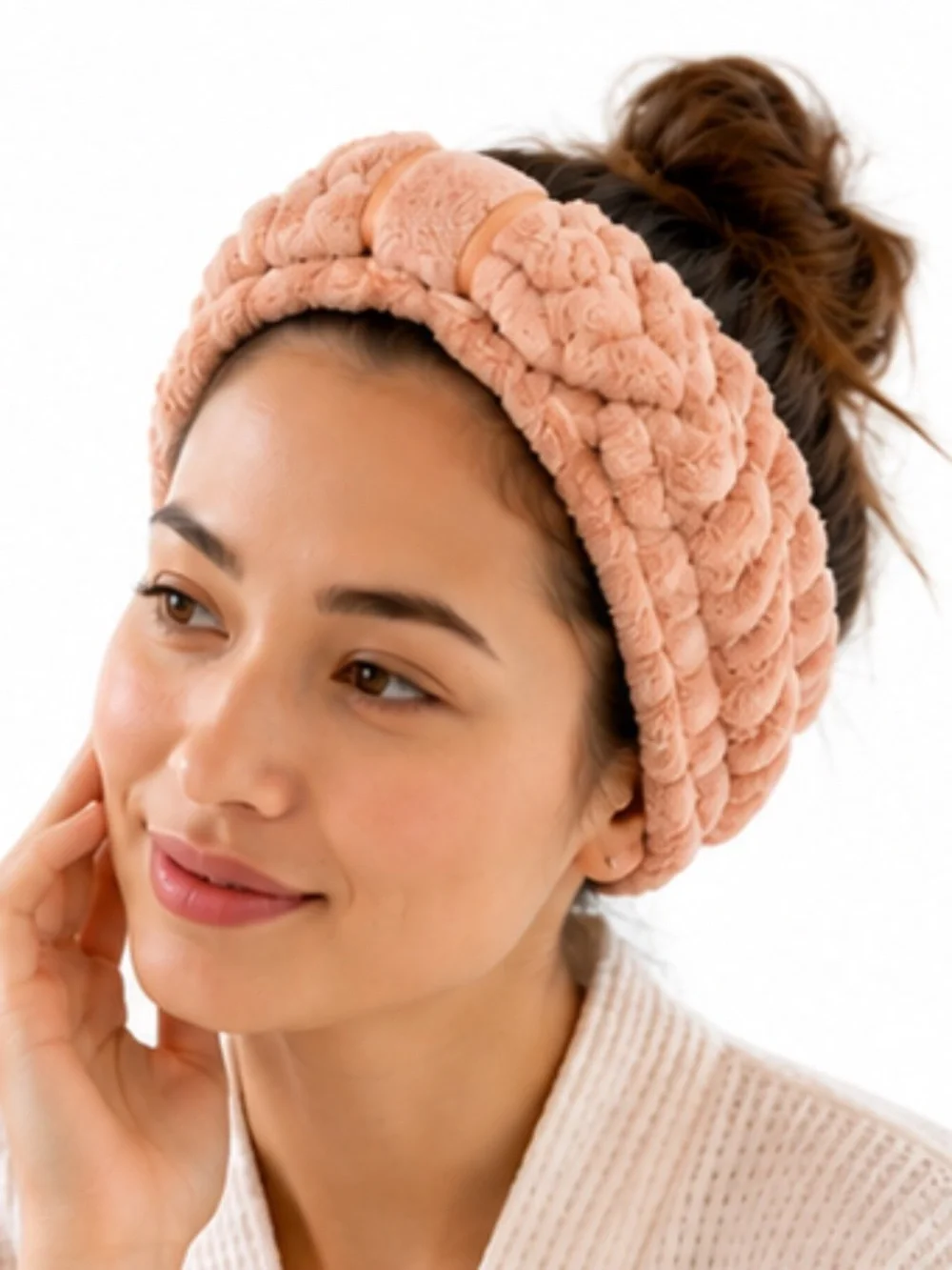 NEW 3-Piece Ultra Plush Spa Headband Set | Makeup & Skincare | Cream, Peach & Gr - Picture 3 of 3